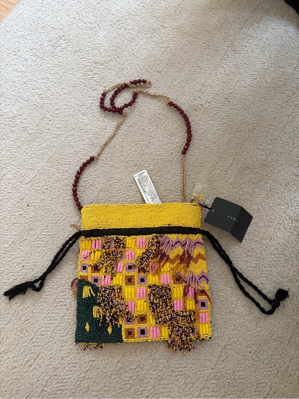 Beaded Crossbody Bag - Yellow Pink Pattern